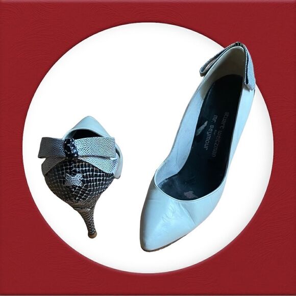Stuart Weitzman For Mr. Seymour Leather Heels With Bows Size 6.5 B - Picture 1 of 14